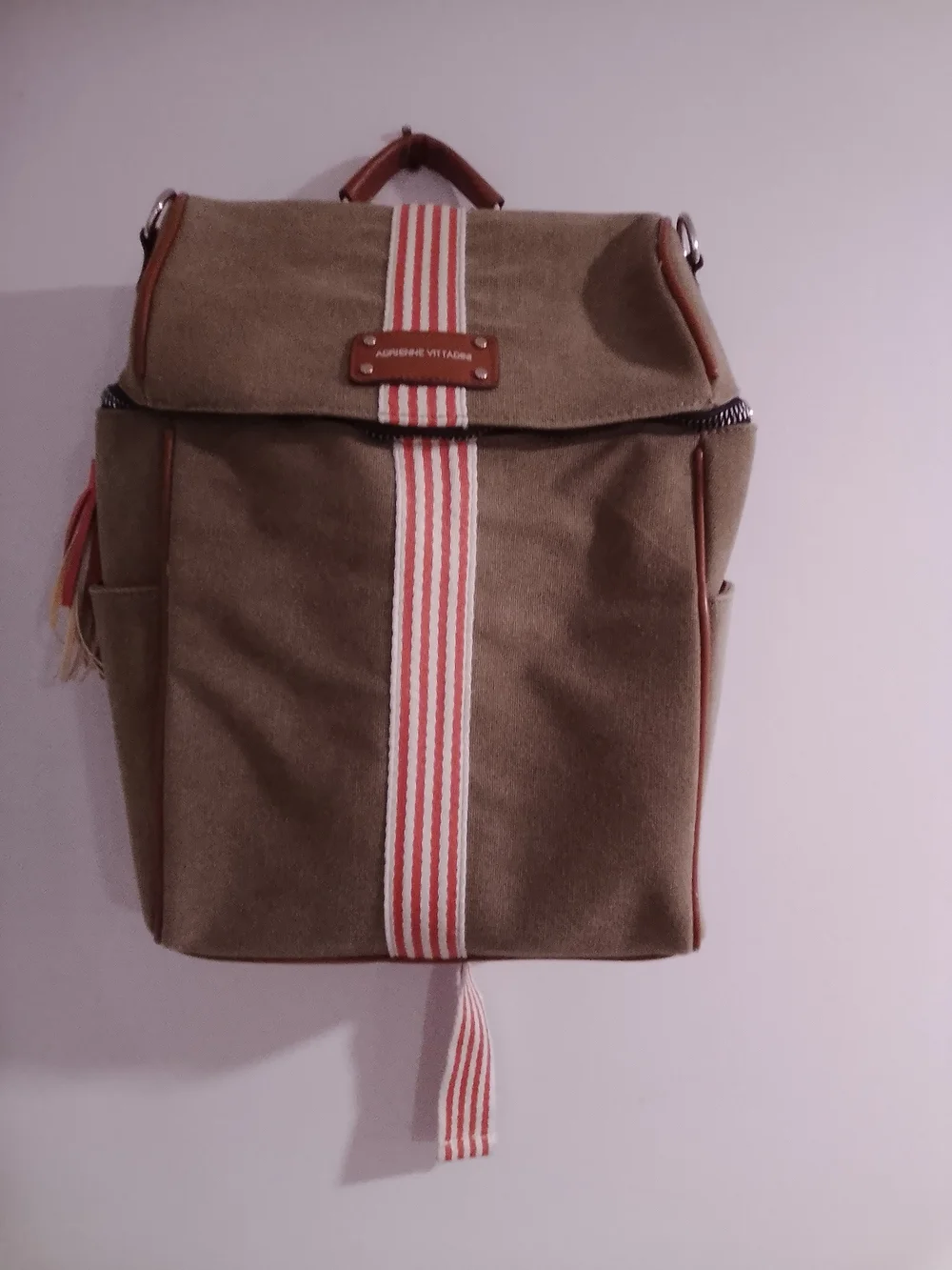 Unbranded Khaki Canvas Backpack with Red-White Stripe